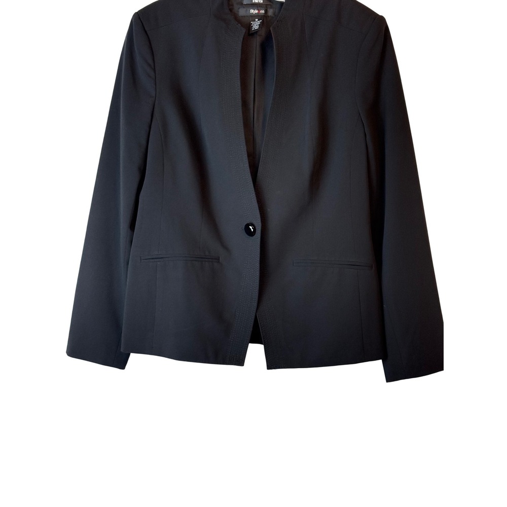 Style & Co‎ Womens Black Stretch Blazer Jacket Single Button Collarless